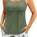 Tempt Me Two Piece Tankini Swimsuits for Women Tummy Control Bathing Suit with Shorts Athletic Two Side Pockets Swimwear, (Green Leaves, Large)