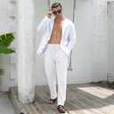 Mens Linen Pants Casual Beach Pants for Men Elastic Waist Drawstring Yoga Trousers with Pockets (White, XL)