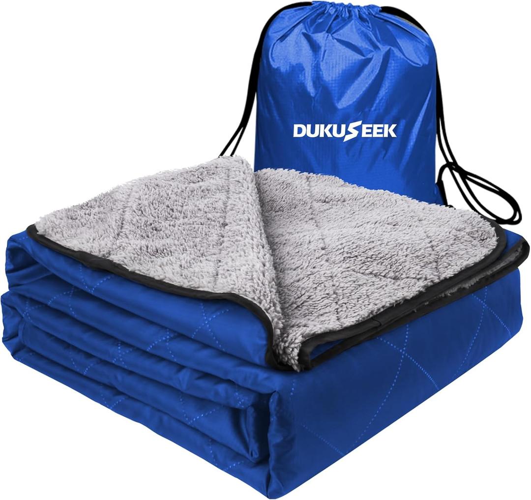 DUKUSEEK Sherpa Waterproof Outdoor Blanket, Large Sherpa Hooded Stadium Blankets for Cold Weather, Portable Wearable Camping Blankets for Concerts, Grass, Car, Boat, Pets, Sporting Events，79"x59"