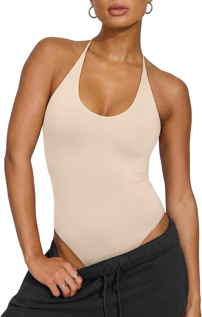 REORIA Bodysuits for Women Sexy Halter Tie Back Deep U Neck Bodysuit Backless Cami Tank Top, Size: Medium