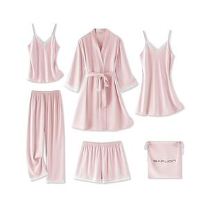 SAPJON Womens Silk Pajama Sets 6Pcs Sexy Satin Robe Sleepwear Set V Neck Lace Cami Shorts Nightgown Loungewear Pink, Small