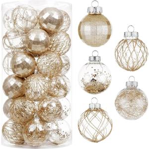 CristBest 30ct Christmas Ball Ornaments-60mm/2.36" Shatterproof Clear Plastic Xmas Balls Baubles Set with Stuffed Delicate Sparkling, Hanging Christmas Tree Decorations(Champagne Gold)