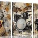 3pcs Vintage Musical Instruments Wall Art Piano Guitar Drums Jazz Posters Artwork Musical Theme Painting Pictures Wall Decor for Studio Gallery Home Decoration 16x24in Framed