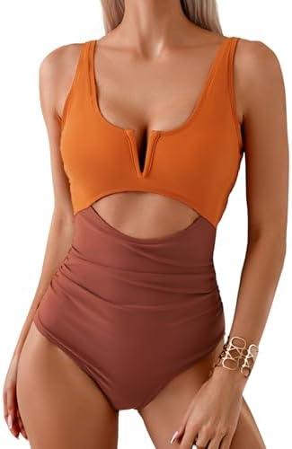 HXN Women's One Piece Swimsuit Tummy Control Bathing Suit Color Block Cutout Slimming Swim Suit Swimwear 2025 Size L