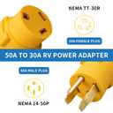 NEMA 14-50P to TT-30R RV Adapter, 50 Amp Male to 30 Amp Female RV Plug Adaptor Connector, 30 Amp RV Adapter for RV, Camper, and Generator, Durable Plug for Outdoor Adventures