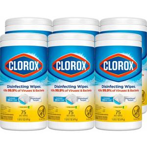 Clorox Disinfecting Cleaning Wipes, Bleach Free, Crisp Lemon, 75 Count, Pack of 6