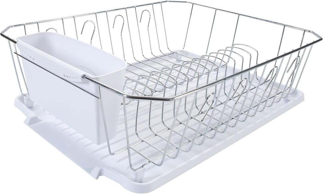 Kitchen Details 3 Piece Dish Rack | Drying Rack, Cutlery Basket & Drainboard Tray | Countertop | Self Draining | Open Wire Design | Chrome | White