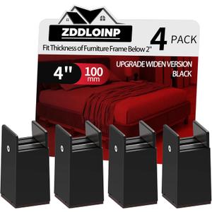 Bed Risers with Adjustable Screw Clamp, Fits Furniture Frame from 0 to 2 Inch, Furniture Risers 4 Inch Heavy Duty Risers for Lifting Couch Desk Cabinet Support up to 5000Ibs (4Pack, Black)