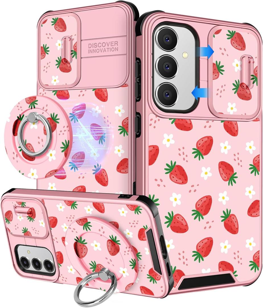 Buleens for Samsung Galaxy S24 FE Case - with Ring Stand & Camera Cover Aesthetic Cute Designed S24FE Case Women Girl Girly Kawaii Strawberry Teen for Samsung S24 FE Phone Case Compatible with Magsafe