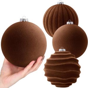 Syhood 4 Pcs 6 Inch Velvet Christmas Balls Large Velvet Ornaments Balls Xmas Tree Decorations Hanging Flocked Ornaments for Christmas Tree Home Garland Holiday Party Decor (Brown)