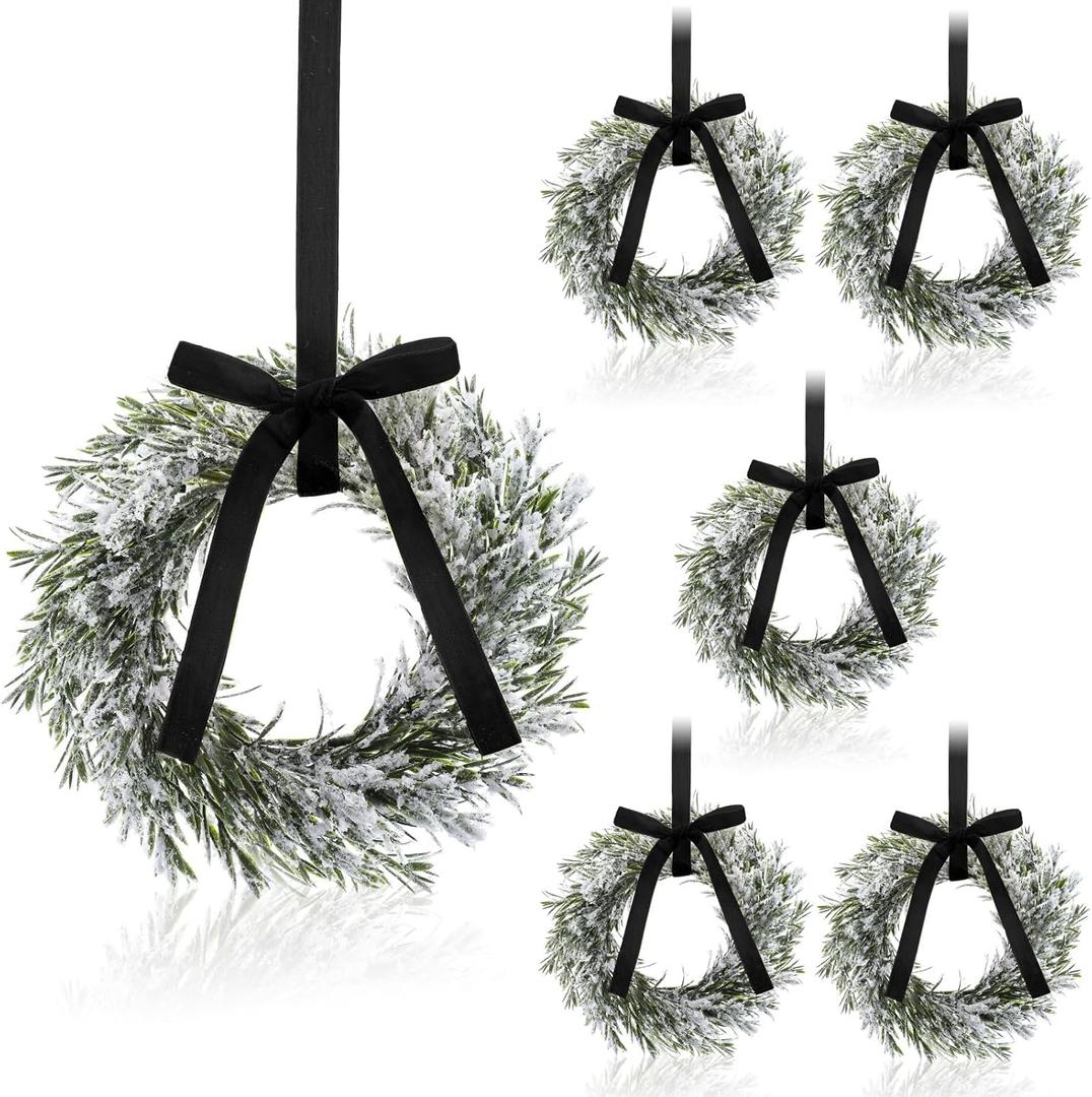 6 Pcs 9.8" Christmas Cabinets Wreaths for Kitchen Snowy Cedar Wreath with Ribbon Bows Artificial Hanging Wreaths Garland Decorations for Home Window Door Porch Holiday Party Decor(Black)