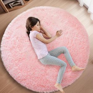 Skyweaver Pink Round Fluffy Rug for Bedroom, 5ft Circle Furry Carpet for Teens & Kids Room, Nursery & Room Decor, Fuzzy Plush Shaggy Circular, 5'X5' Rugs for Girls Home Deco