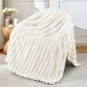 Exclusivo Mezcla Fleece Throw Blanket for Couch, Super Soft Striped Jacquard Bed Blanket, Lightweight Fuzzy Cozy for All Seasons, 50x60 Inches, Ivory