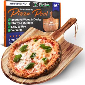 Wooden Pizza Peel 16 Inch - Acacia Wood Pizza Board for Pizza Making, Sliding, Cutting & Serving - Food Oil Processed Paddle Spatula w Handle & Hanging Loop - Pizza Oven Accessories by KitchenStar (16")