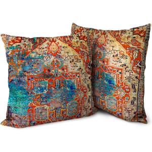Boho Red Throw Pillow Covers 16x16 inch Set of 2, Bohemian Carpet Double Sided Pattern Soft Plush Cushion Cover for Couch Sofa Bed Decorative, Only Pillowcase (No Insert) (Boho Style 07)
