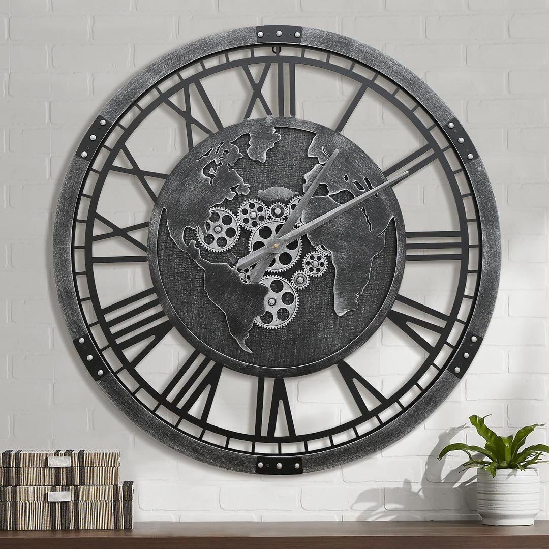 Micasso 30 in Black Oversized Wall Clock: Real Moving Gears Clock with World Map - Vintage Wood Frame Non-Ticking Battery Operated Silent Mechanical Clock for Home Decor/Office/Living Room/Bedroom