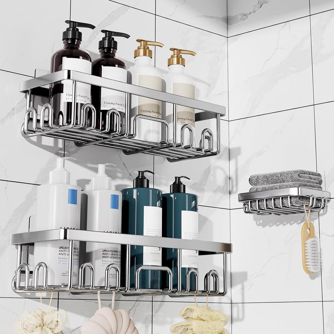 Veken Shower Caddy 3-Pack, Advanced Rustproof Design, No Drilling Adhesive Shelves, Rack with Soap Holder, Large Capacity Bathroom Organizers and Storage, Wall-Mounted Kitchen & Home Decor (Silver)