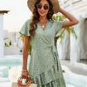 Naggoo Women's Summer Wrap Dresses V Neck Polka Dot Print Ruffle Short Sleeve Mini Floral Boho Dress with Belt (08 Sage Green Dot Beige)