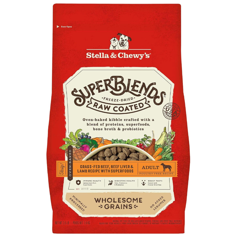 Stella & Chewy's SuperBlends Raw Coated Wholesome Grains Grass-Fed Beef, Beef Liver & Lamb Recipe with Superfoods, 3.5 lb. Bag