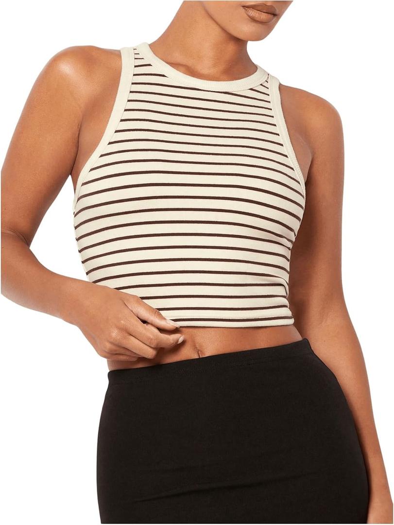 MakeMeChic Women's Striped Crew Neck Crop Tops Sleeveless Fitted Summer Tank (XL)