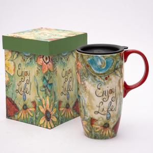 Topadorn Ceramic Coffee Cup Ceramic Travel Mug Porcelain Latte Mug with Lid 17oz. Coffee Cup with Handle. Enjoy Life