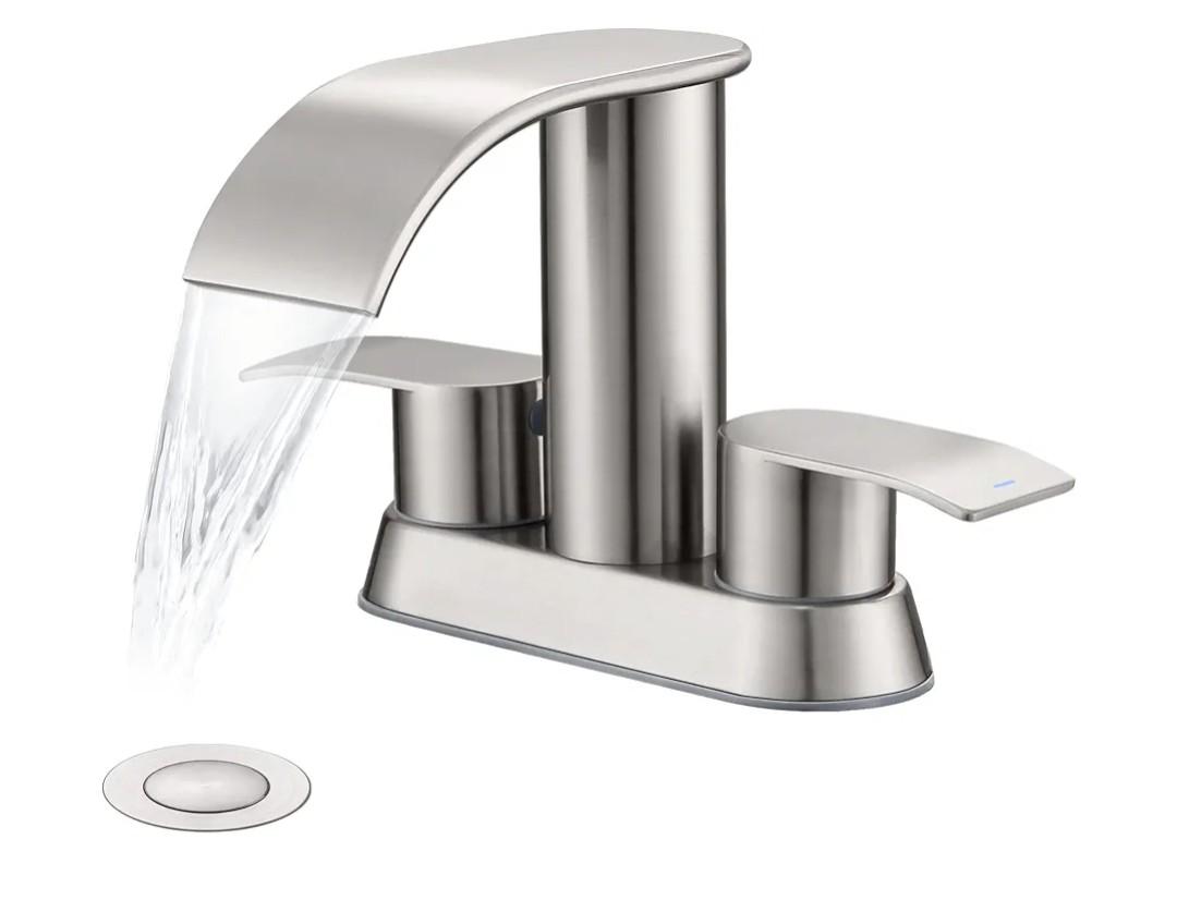 Ultimate Unicorn Waterfall Bathroom Sink Faucet Brushed Nickel, Two Handles Bathroom Faucet with Metal Pop up Sink Drain Stopper, Two Or 3 Holes Bathroom Basin Mixer Tap with Deck Mount Plate