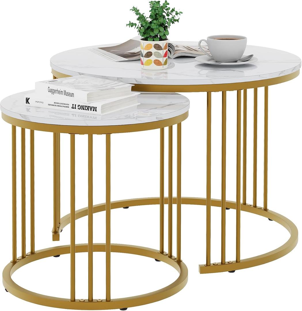 Garden 4 you Coffee Table Faux Marble Nesting Table for Small Place 2 Sets Modern Furniture Living Room Sets End Side Table Night Stand for Bed Room Dining Room (White & Gold), 23.6 Inches X 23.6 Inches X 17.7 Inches