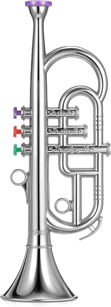 Lewtemi Silver Trumpet Musical Instruments Toy for Kid Toddler Fake Plastic Preschool Music Toy Gift Portable Wind Instrument Early Educational Teaching Songs Gifts for Toddlers Children