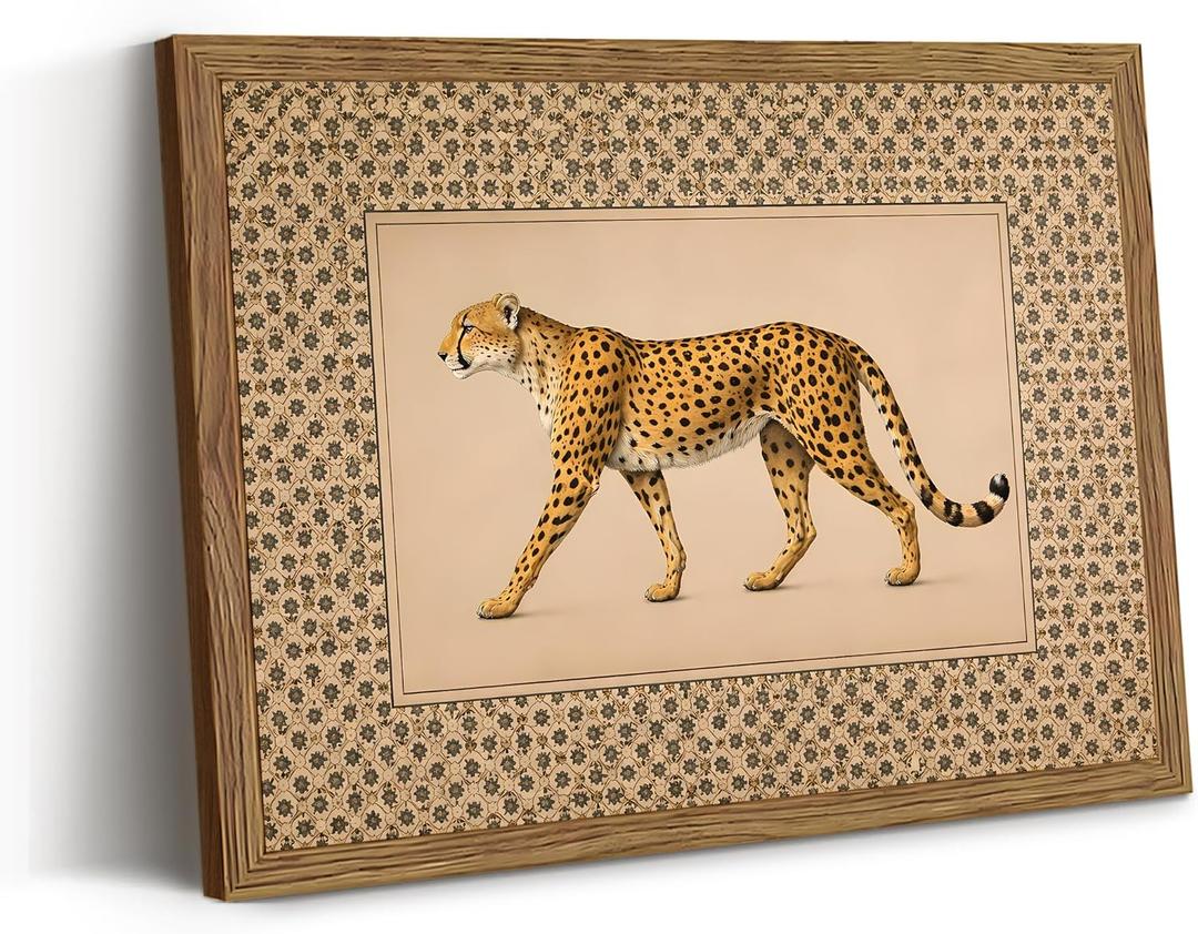 Vintage Framed Cheetah Canvas Wall Art Trendy Leopard Pictures 16×24 Inch