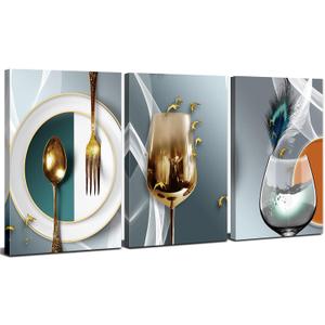 Kitchen Wall Decor Teal Gold Wine Glass Canvas Wall Art for Dining Room Abstract Wine Cups Paintings Pictures Modern Bar Restaurant Home Decorations Geometric Kitchenware Family Artwork 12x16" 3 Pcs (12x16inch, wineglass)