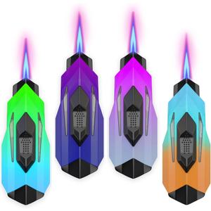 Torch Lighter, 4 Pack Jet Flame Torch Lighters, Cool Lighter Refillable Butane, Adjustable Flame Windproof Lighter for Candle, Kitchen, BBQ, Outdoor (Without Butane)-fc