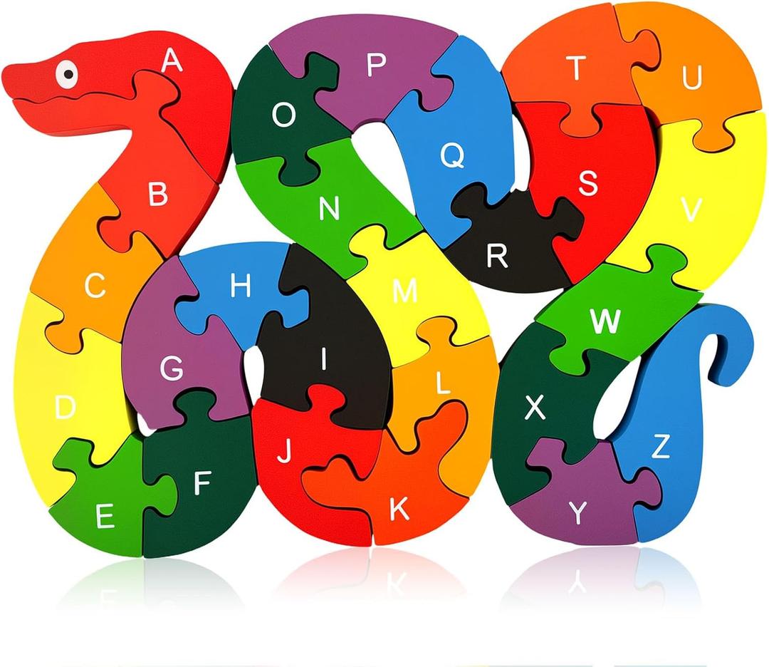 LovesTown Wooden Puzzles for Kids, Double Sided Snake Jigsaw with Alphabet & Numbers, Montessori Educational Toy for Toddlers, Chunky Animal Gift