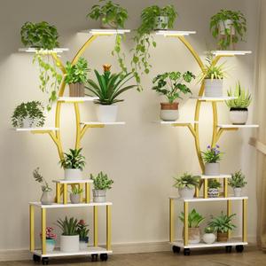 62" Plant Stand with Grow Light, 8-Tier Indoor Plant Shelf, Corner Shelf Stand for Indoor Plants, Space-Saving Plant Holder for Home Decor, 2 Pack, Gold