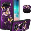 SAKUULO for Samsung Galaxy S10 Case, [Screen Protector + Kickstand] Purple Butterfly Design,Tire Texture Anti-Slip Shockproof Thin Protective Case for Samsung Galaxy S10 6.1 Inch (2019)