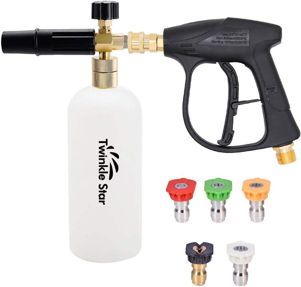 Twinkle Star Short Pressure Washer Gun with Foam Cannon, High Pressure Car Wash Foam Gun with 1/4 Inch Quick Connector, 5 Pressure Washer Nozzle Tip, 1 Liter