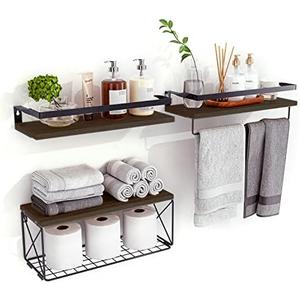 Hoiicco Floating Shelves Wall Mounted, Rustic Wood Bathroom Shelves Over Toilet with Paper Storage Basket, Wall Shelves for Wall Decor, Bedroom, Living Room, Kitchen and Washroom (3-Dark Brown)
