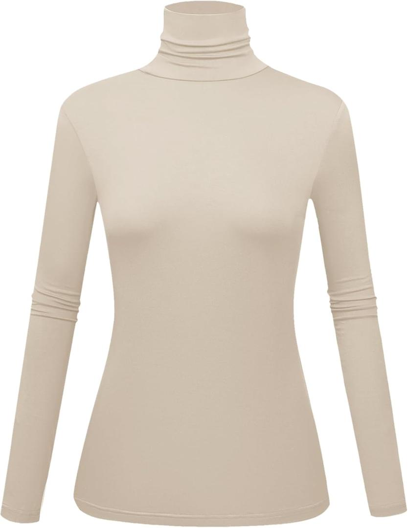 Women's Long Sleeve Turtleneck Shirts Slim Fitted Lightweight Base Layer Casual Tops (Beige)