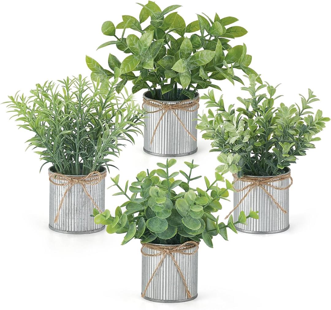 Mkono 4 Packs Small Fake Plants in Farmhouse Galvanized Pots Table Centerpiece Mini Potted Artificial Plants Faux Eucalyptus for Shelf Office Rustic Home Decor (Grey)