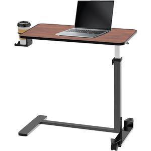 Loyoda Adjustable Overbed Table with Invisible and Lockable Wheels ，Bedside Table with Cup Holder，Standing Desk for Medical or Home use Rosewood Color（30.3" W x 15.3" D）