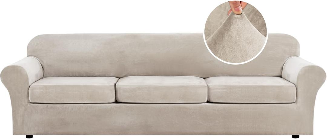 H.VERSAILTEX Modern Velvet Plush 4 Piece High Stretch Sofa Slipcover Furniture Protector Form Fit Velvet Extra Large Sofa Cover for 3 Cushion Couch Width Up to 105 Inch (XL Sofa, French Oak)