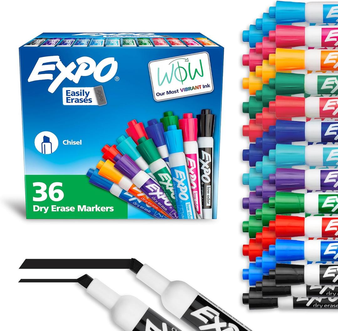 EXPO Dry Erase Markers, Low Odor Ink, Assorted Fashion Colors, Chisel Tip, 36 Count - Easily Erases, Ideal for Classroom, Home, Office, Back to School, Teacher Supplies