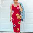 ZESICA Women's Summer Knit Bodycon Midi Dress 2026 Sleeveless Floral Crewneck Color Block Long Beach Party Dresses (Red, XL)