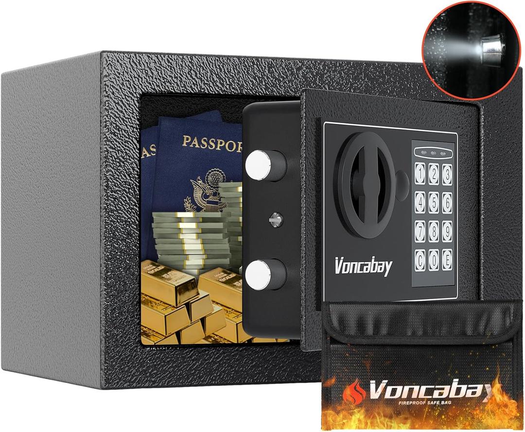 Voncabay Money Safe Box for Home with Sensor Light & Fireproof Money Bag - 0.23 Cubic Feet Security Safe Box with Digital Keypad, Keys & Pass Code Lock Black