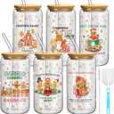 Yetene 6 Set Christmas Glasses Cups with Bamboo Lid and Glass Straw 16 oz Gingerbread Man Christmas Drinking Cup Beer Iced Coffee Cup Xmas Tumbler Mugs for Women Men Holiday Party Office Gifts