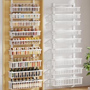 POKIPO 9 Tier Over The Door Pantry Organizer, 2 in 1 Wall Mount or Hanging Spice Rack with Adjustable Deep Basket, Heavy-Duty Seasoning Organizer and Storage for Kitchen Cabinet Closet Bathroom