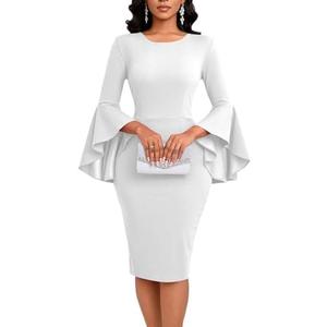 Church Dress for Women Elegant Vintage Ruffle Sleeve Business Work Cocktail Party Bodycon Midi Pencil Dresses Size L