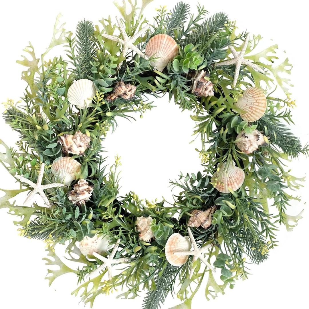 idyllic 22 Inch All Seasons Seashell Wreath with Green Leaves for Front Door and Wedding, Rustic Farmhouse Costal Starfish Conch Shells Wreath for Indoor and Outdoor, Spring Summer Home Decor