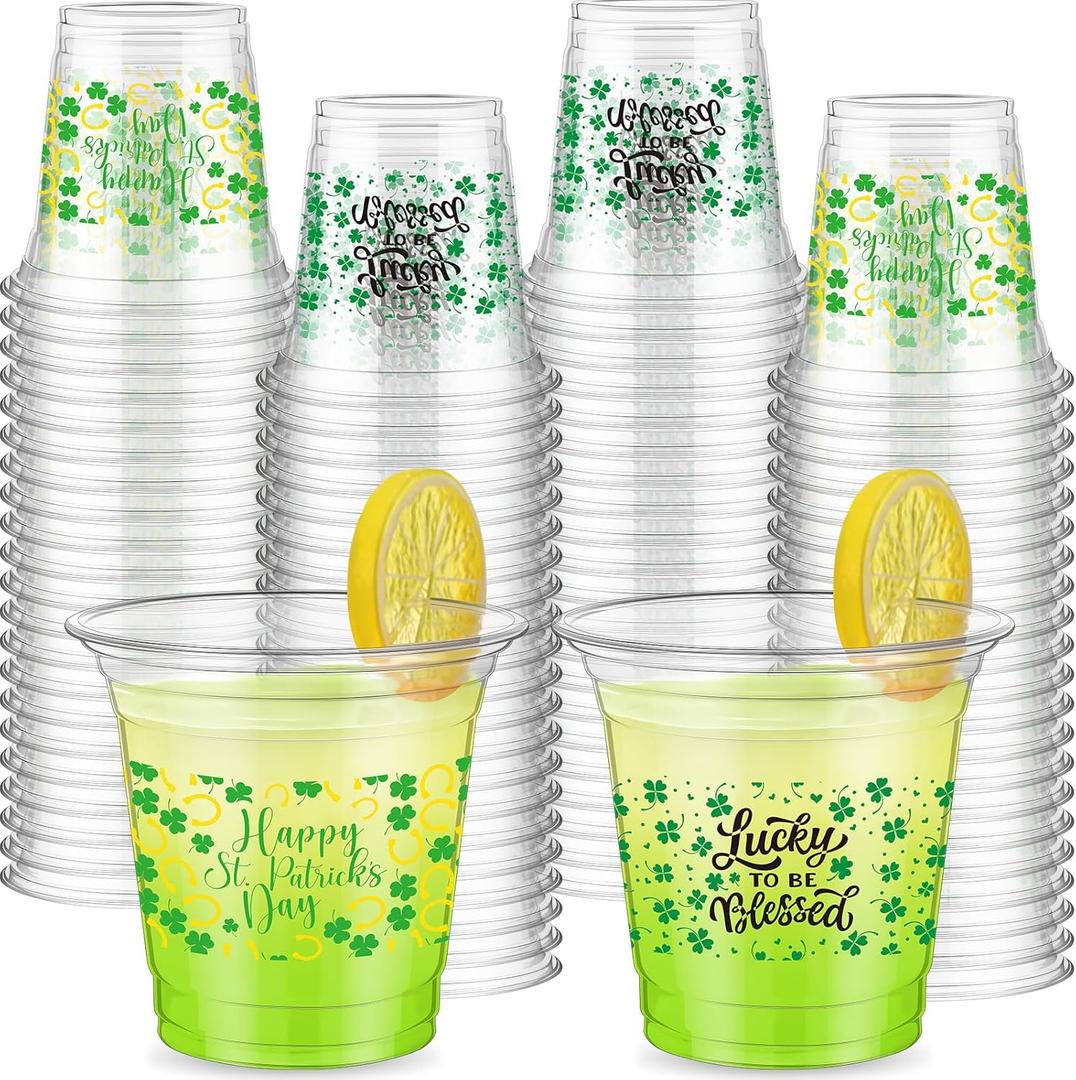 Tioncy 120 Pcs 12oz St. Patrick's Day Cups Disposable Shamrock Cup Clear Plastic irish Ireland Cups St. Patrick's Day Party Favors Green Lucky Cup for Cold Drink Beer Ice Cream Beverage Snacks