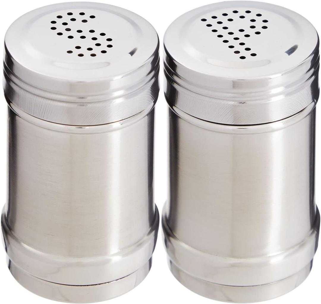2 oz Stainless Steel Metal Salt and Pepper Shakers Set for Kitchen, Dinner Table, Cooking, Travel, Refillable, Perforated "S" and "P" Caps (3.5 in)