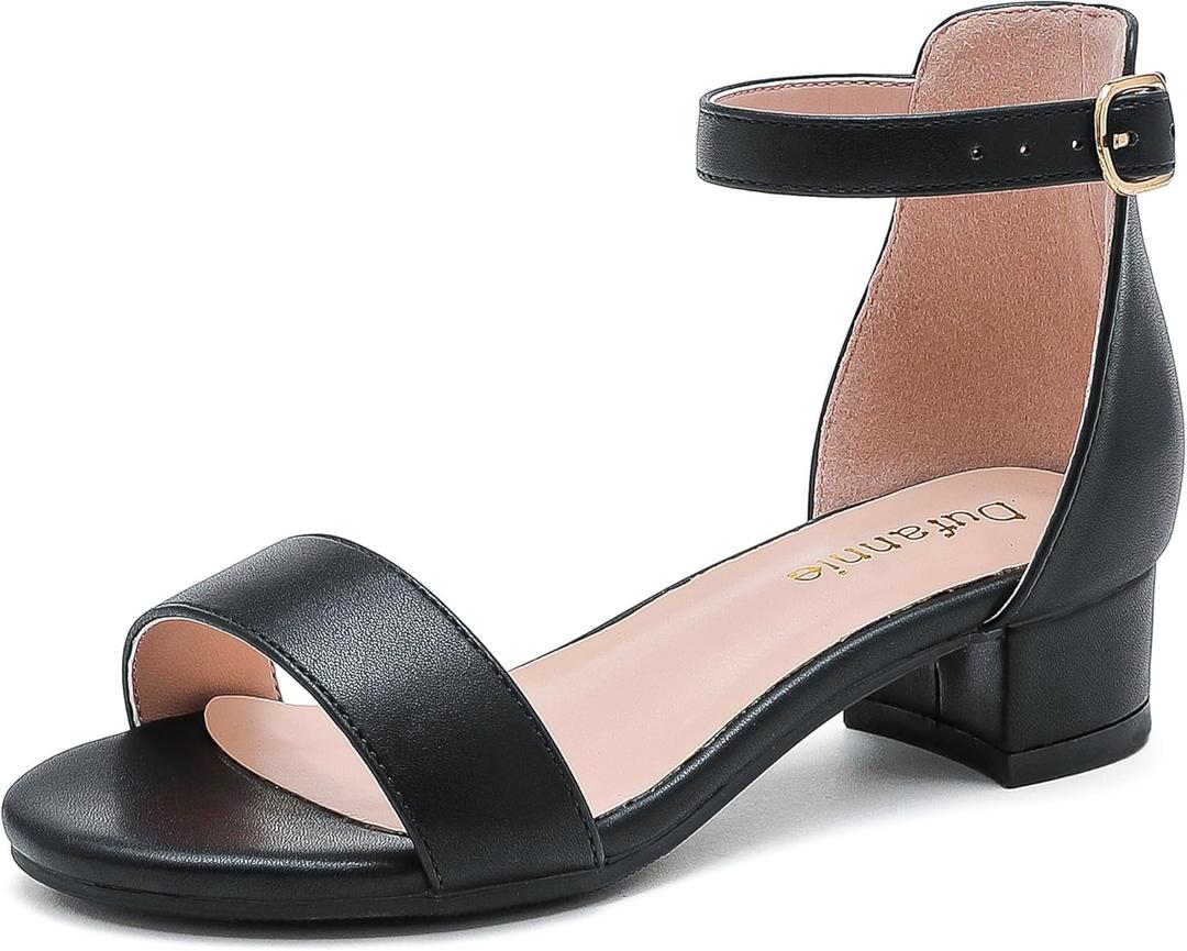Dufannie Girls Sandals Low Heels Dress Pump Ankle Strap Open Toe Flower Girl Wedding Party for Toddler Little Big Kid (Single Pu Black), US 6